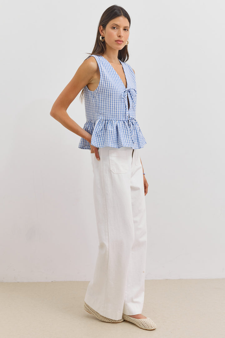 חולצת מרגו פפלום הדפס משבצות | כחול/לבן