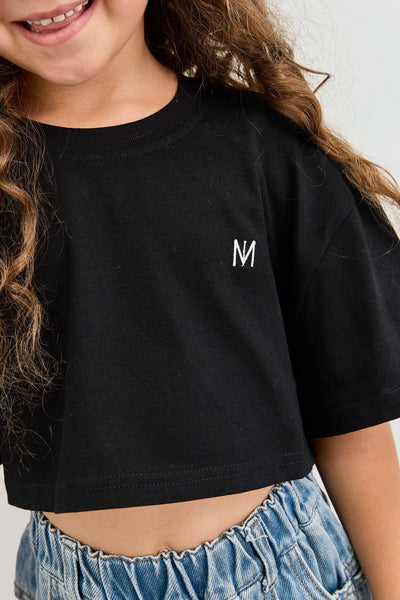 טי שירט אוברסייז בגזרת קרופ עם לוגו | שחור