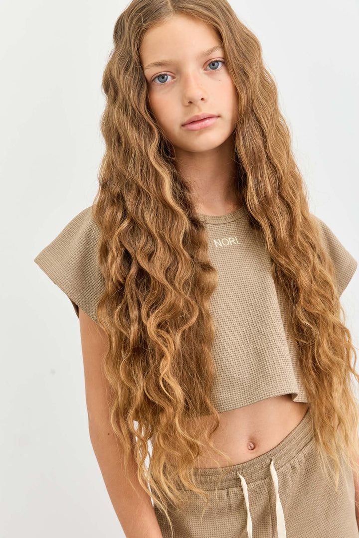 חליפת וופל טי שירט קרופ ומכנסיים ארוכים | ירוק זית