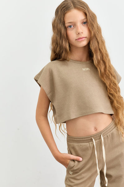 חליפת וופל טי שירט קרופ ומכנסיים ארוכים | ירוק זית