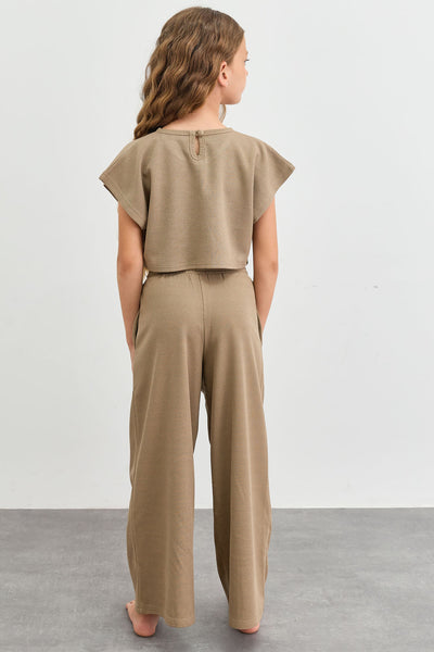 חליפת וופל טי שירט קרופ ומכנסיים ארוכים | ירוק זית