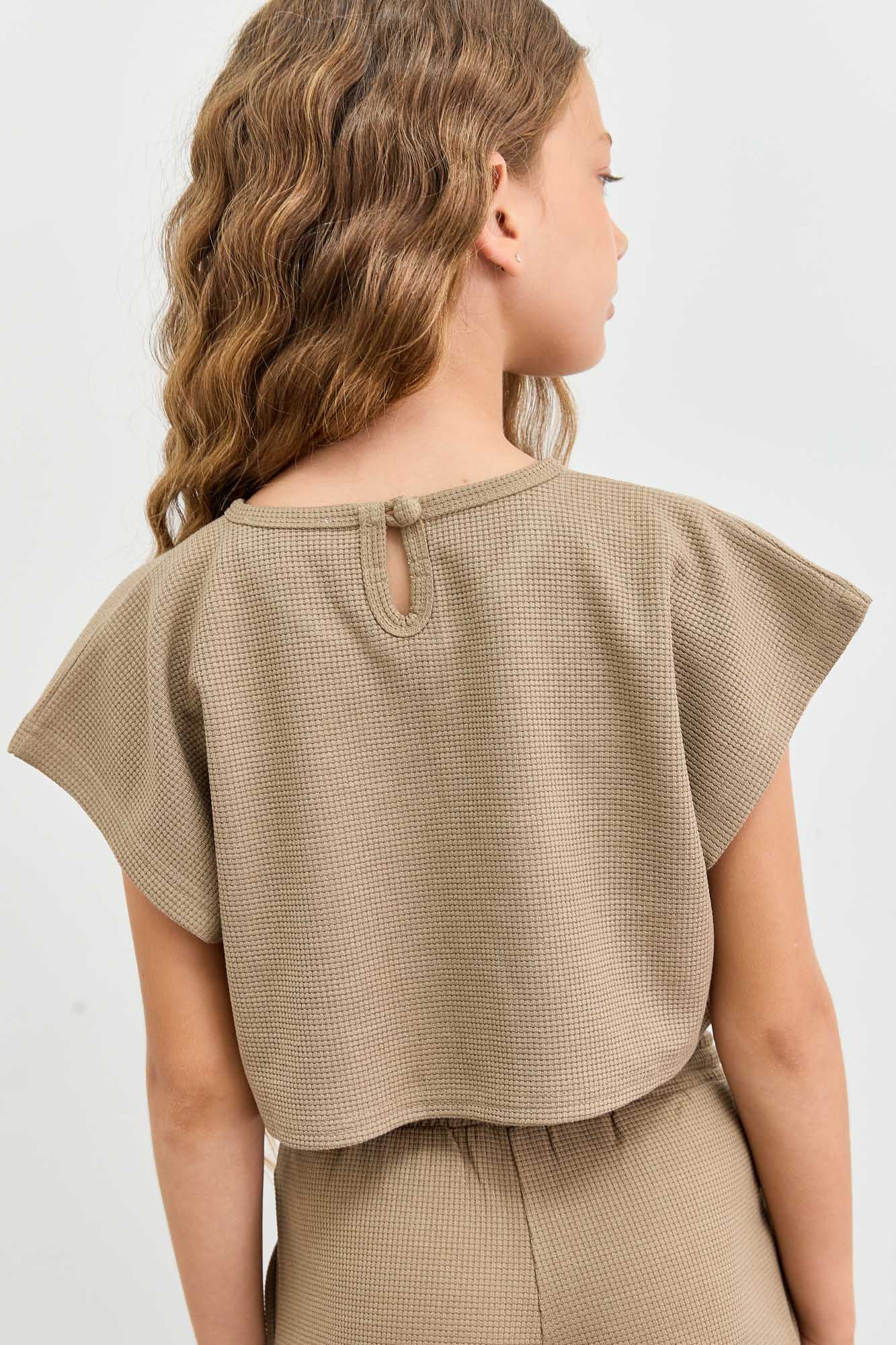 חליפת וופל טי שירט קרופ ומכנסיים ארוכים | ירוק זית