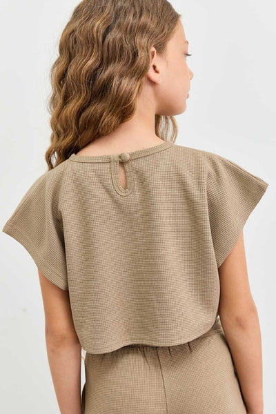 חליפת וופל טי שירט קרופ ומכנסיים ארוכים | ירוק זית