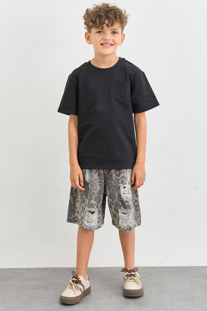 מכנסי ברמודה בשילוב קרעים הדפס מנומר