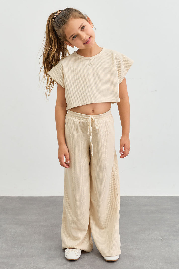 חליפת וופל טי שירט קרופ ומכנסיים ארוכים | בז'