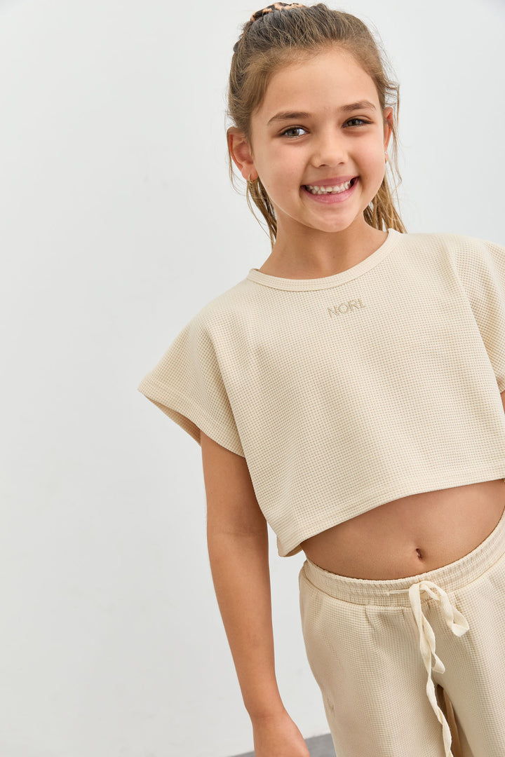 חליפת וופל טי שירט קרופ ומכנסיים ארוכים | בז'