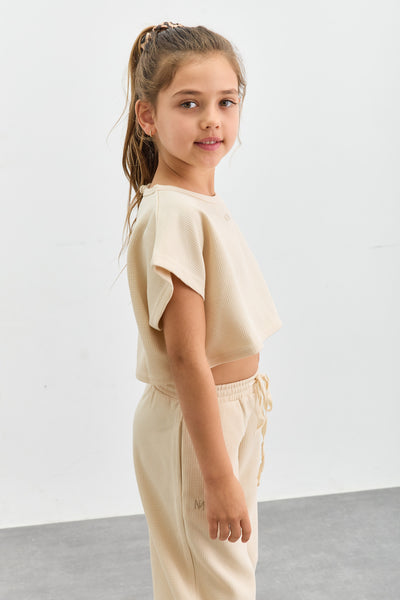 חליפת וופל טי שירט קרופ ומכנסיים ארוכים | בז'