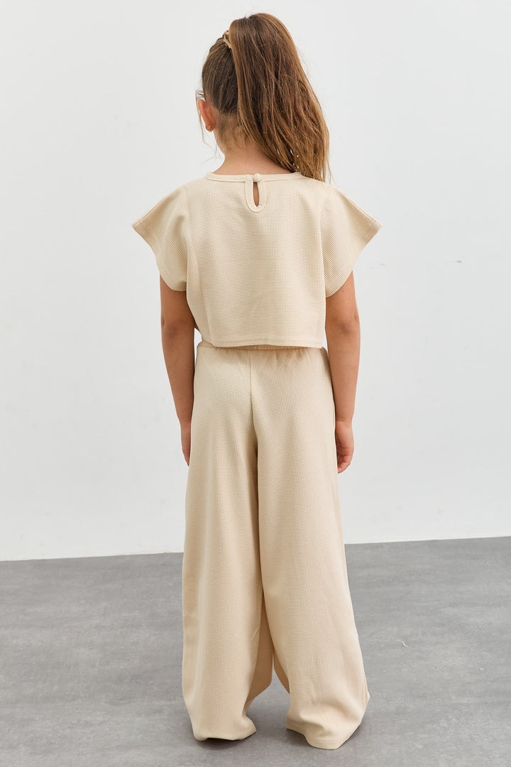 חליפת וופל טי שירט קרופ ומכנסיים ארוכים | בז'