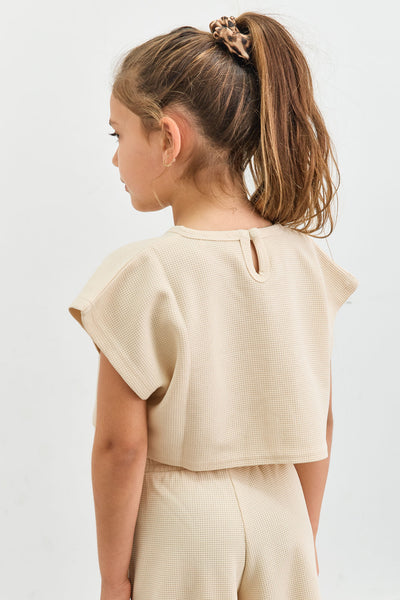 חליפת וופל טי שירט קרופ ומכנסיים ארוכים | בז'