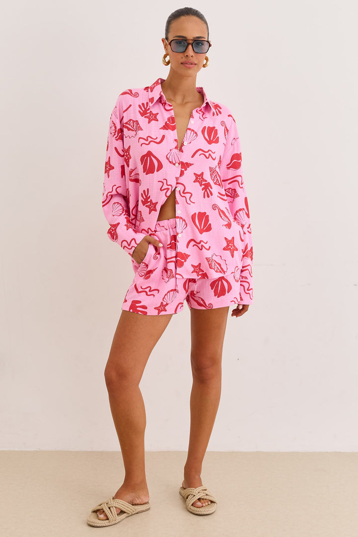 מכופתרת דמוי פשתן הדפס טרופיקנה | ורוד/אדום