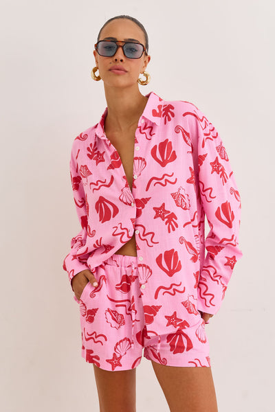שורטס דמוי פשתן הדפס טרופיקנה | ורוד/אדום