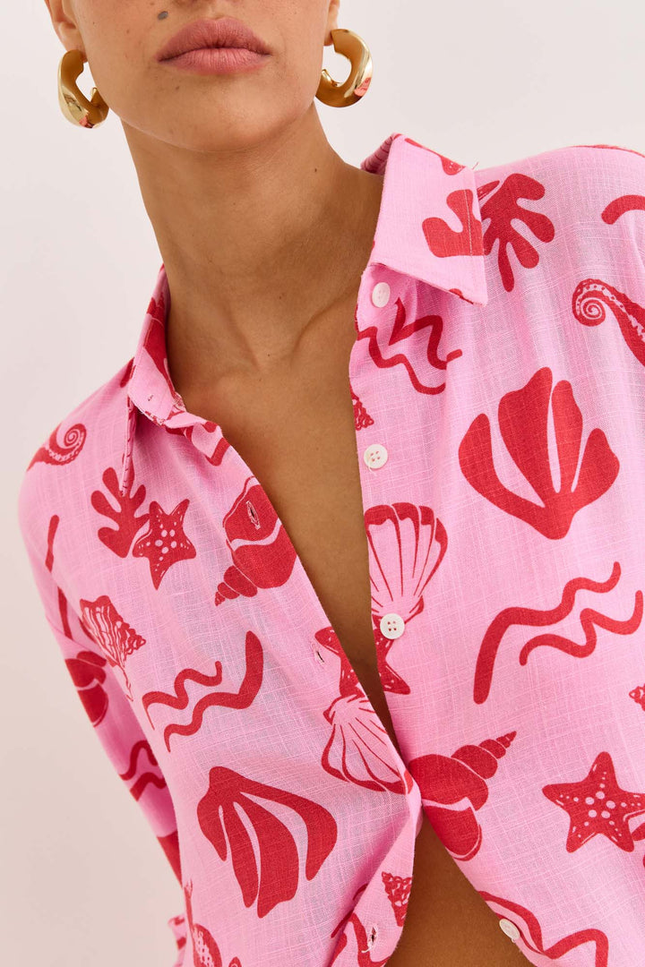 מכופתרת דמוי פשתן הדפס טרופיקנה | ורוד/אדום