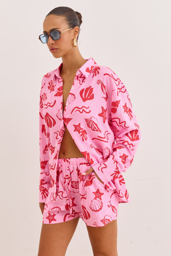 מכופתרת דמוי פשתן הדפס טרופיקנה | ורוד/אדום