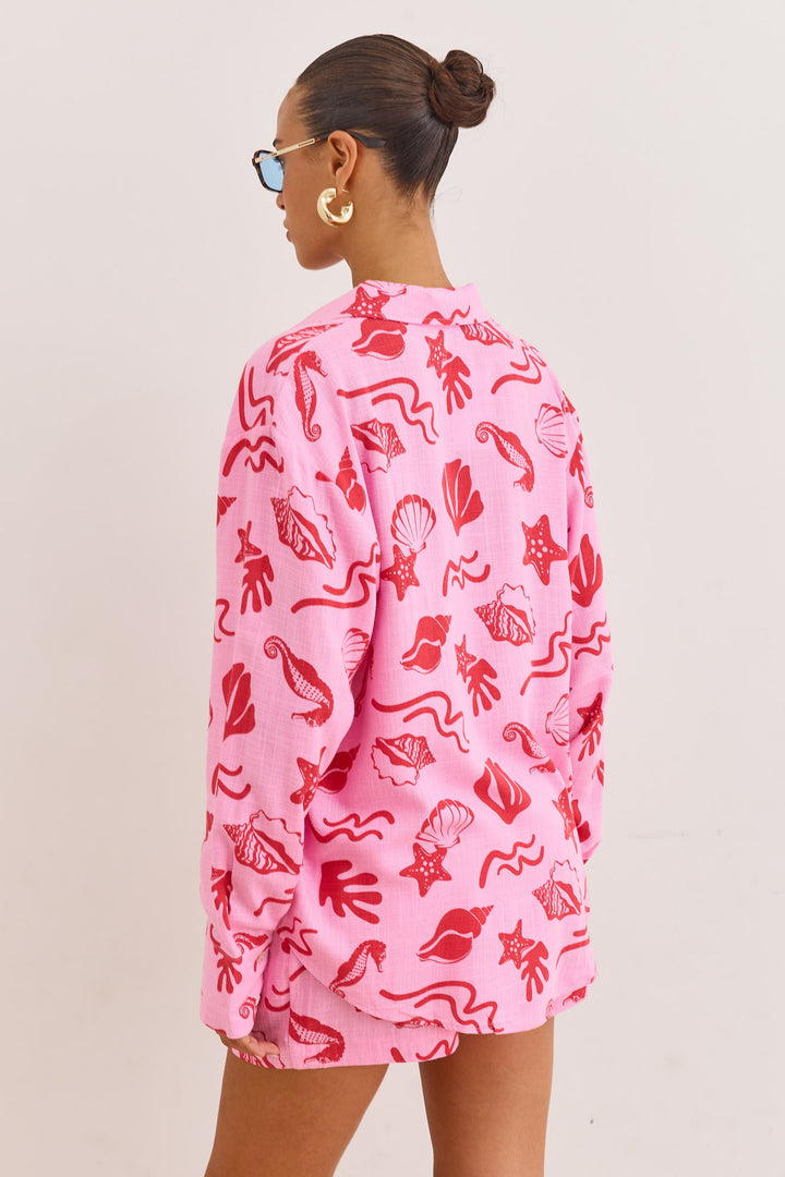 מכופתרת דמוי פשתן הדפס טרופיקנה | ורוד/אדום