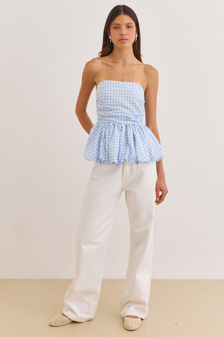 סטרפלס פפלום שיבון הדפס משבצות | כחול/לבן