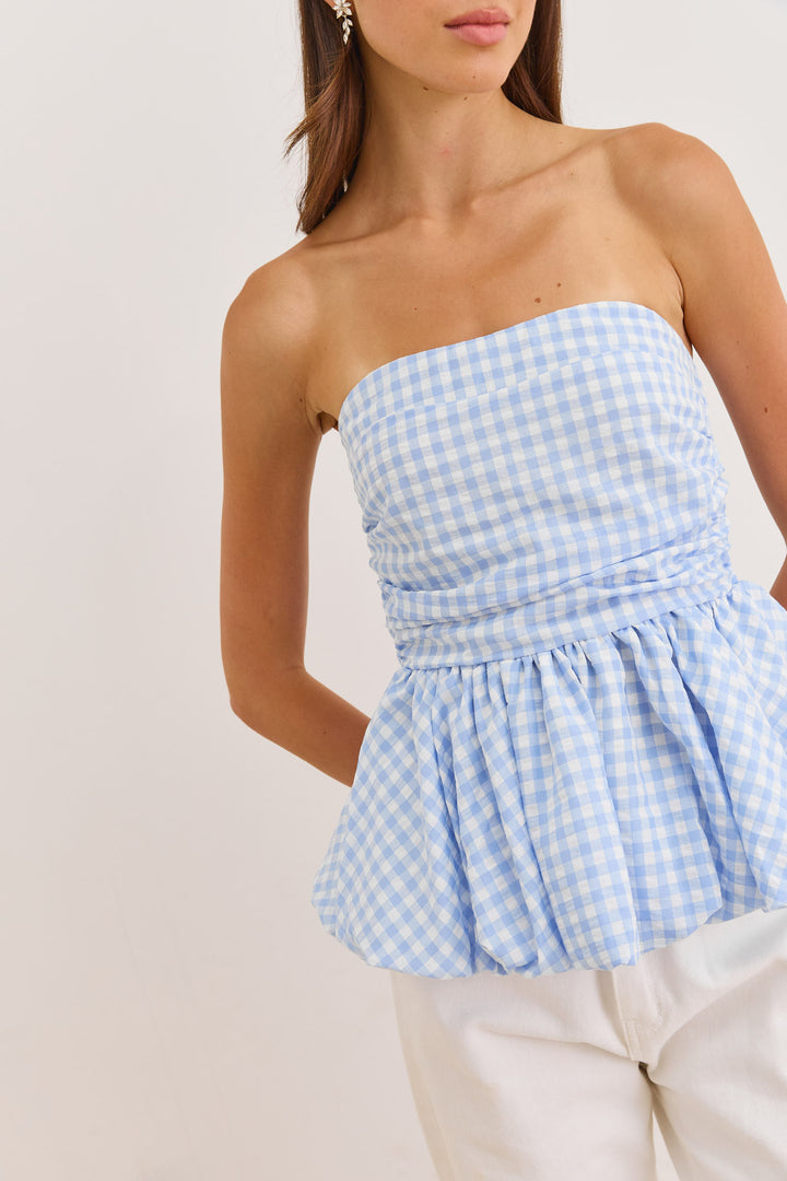 סטרפלס פפלום שיבון הדפס משבצות | כחול/לבן