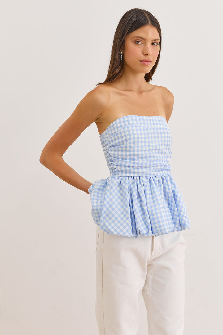 סטרפלס פפלום שיבון הדפס משבצות | כחול/לבן