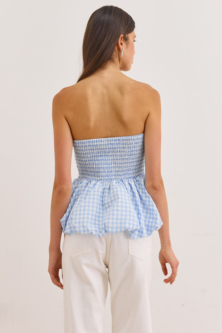 סטרפלס פפלום שיבון הדפס משבצות | כחול/לבן