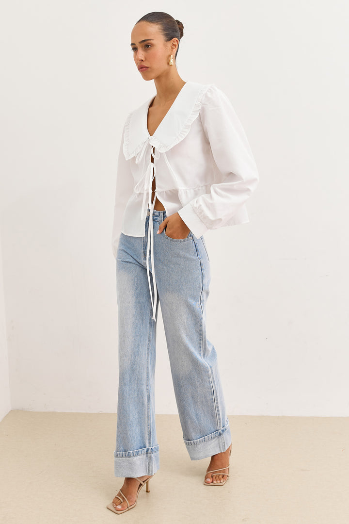 חולצת קשירות מיורקה צווארון וולנים | לבן