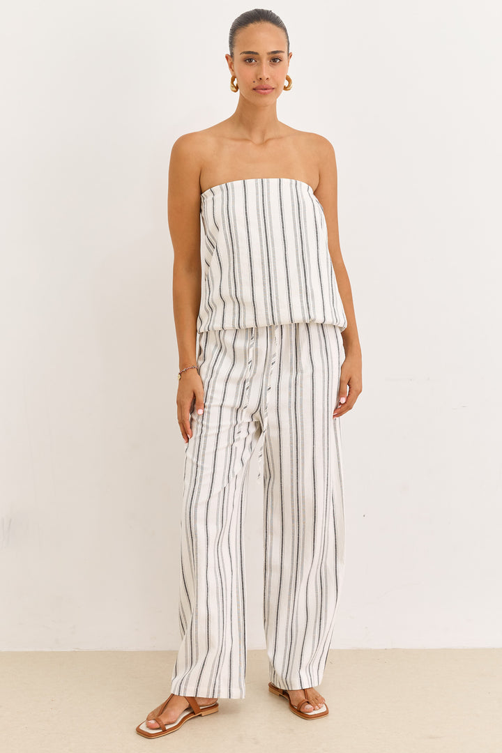סטרפלס פסים לורן דמוי פשתן | לבן/שחור