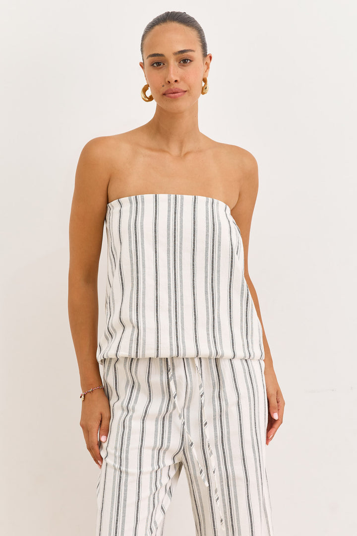 סטרפלס פסים לורן דמוי פשתן | לבן/שחור
