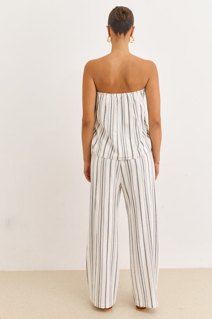 סטרפלס פסים לורן דמוי פשתן | לבן/שחור