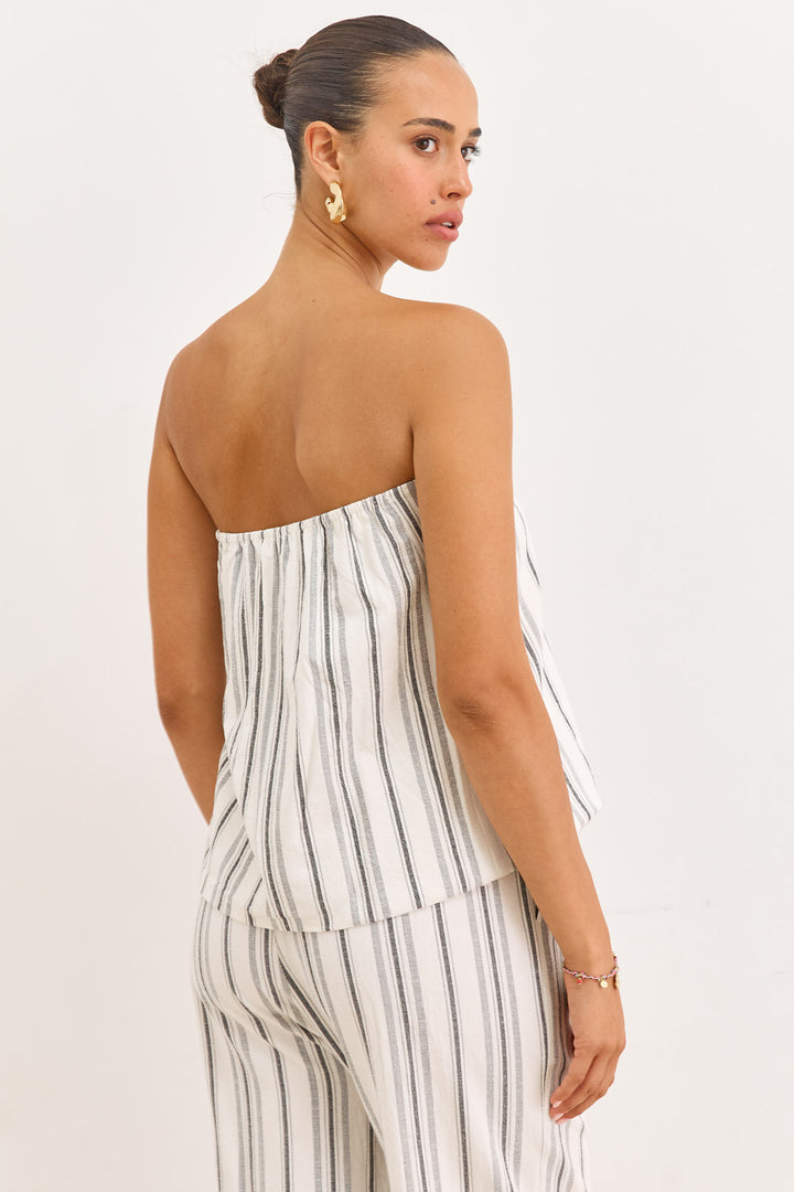 סטרפלס פסים לורן דמוי פשתן | לבן/שחור