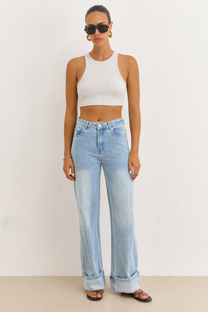 מכנסי ג'ינס ג'ניפר סיומת קיפול | ג'ינס בהיר