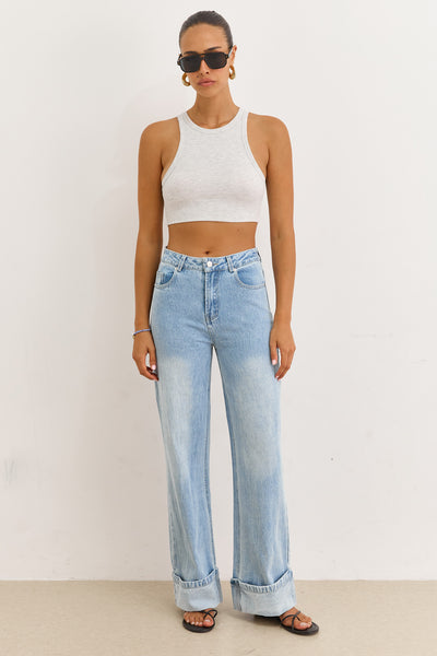 מכנסי ג'ינס ג'ניפר סיומת קיפול | ג'ינס בהיר