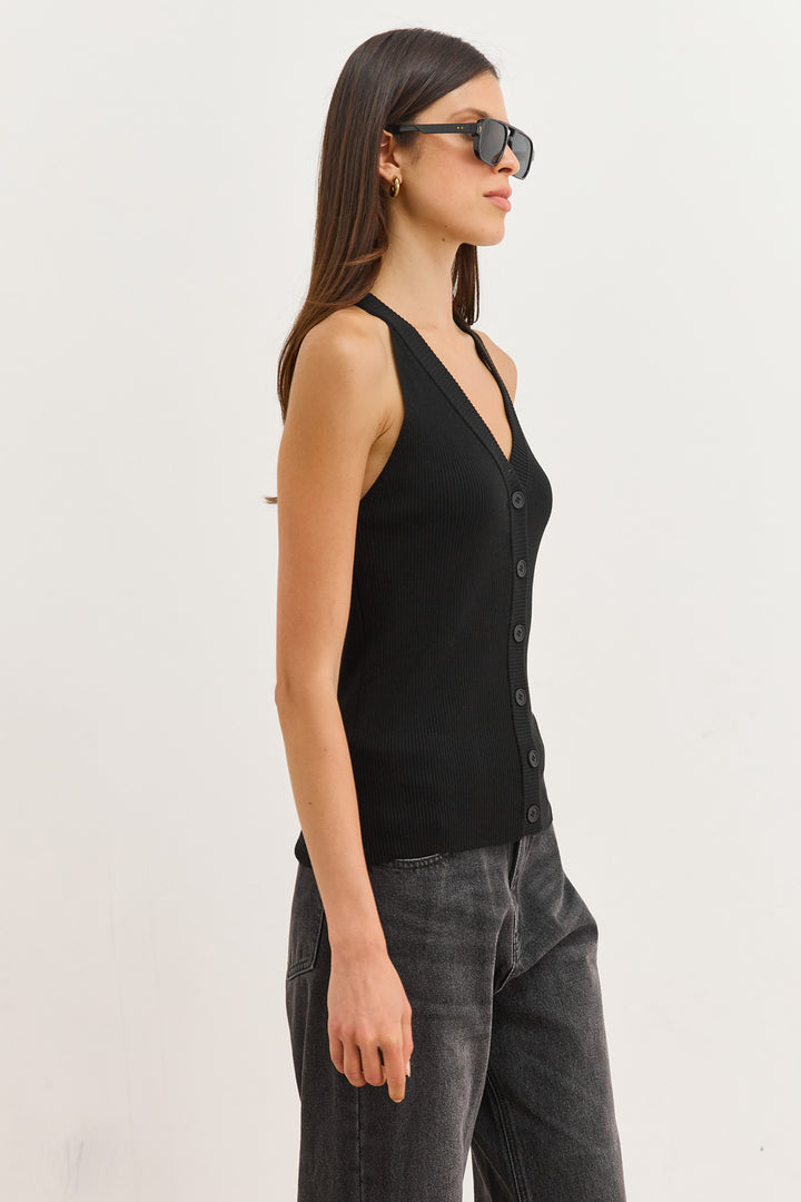 גופיית סריג ברי בשילוב כפתורים | שחור