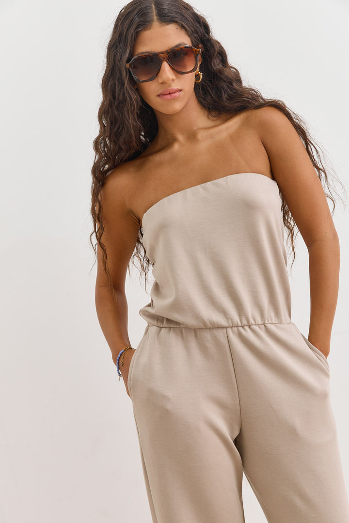 אוברול סטרפלס סלין גומי במותן | מוקה