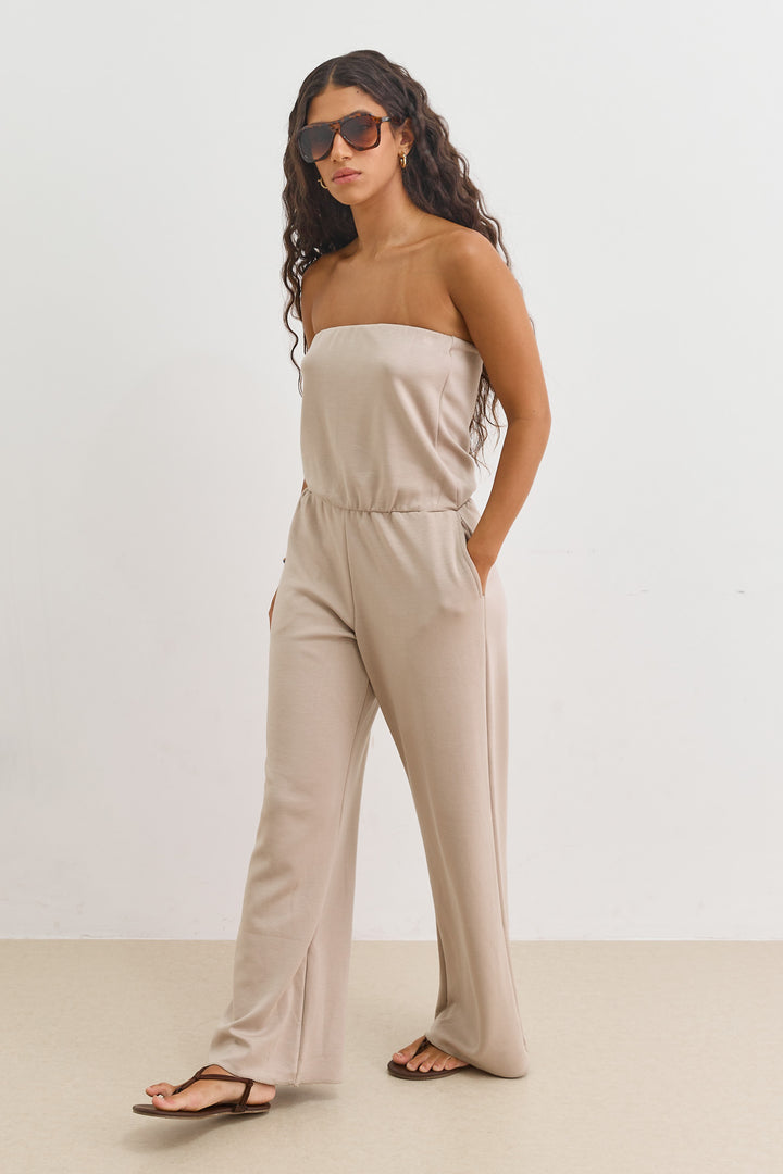 אוברול סטרפלס סלין גומי במותן | מוקה