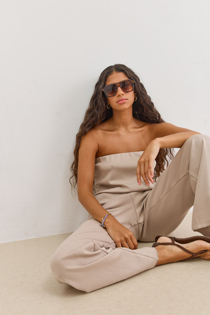 אוברול סטרפלס סלין גומי במותן | מוקה