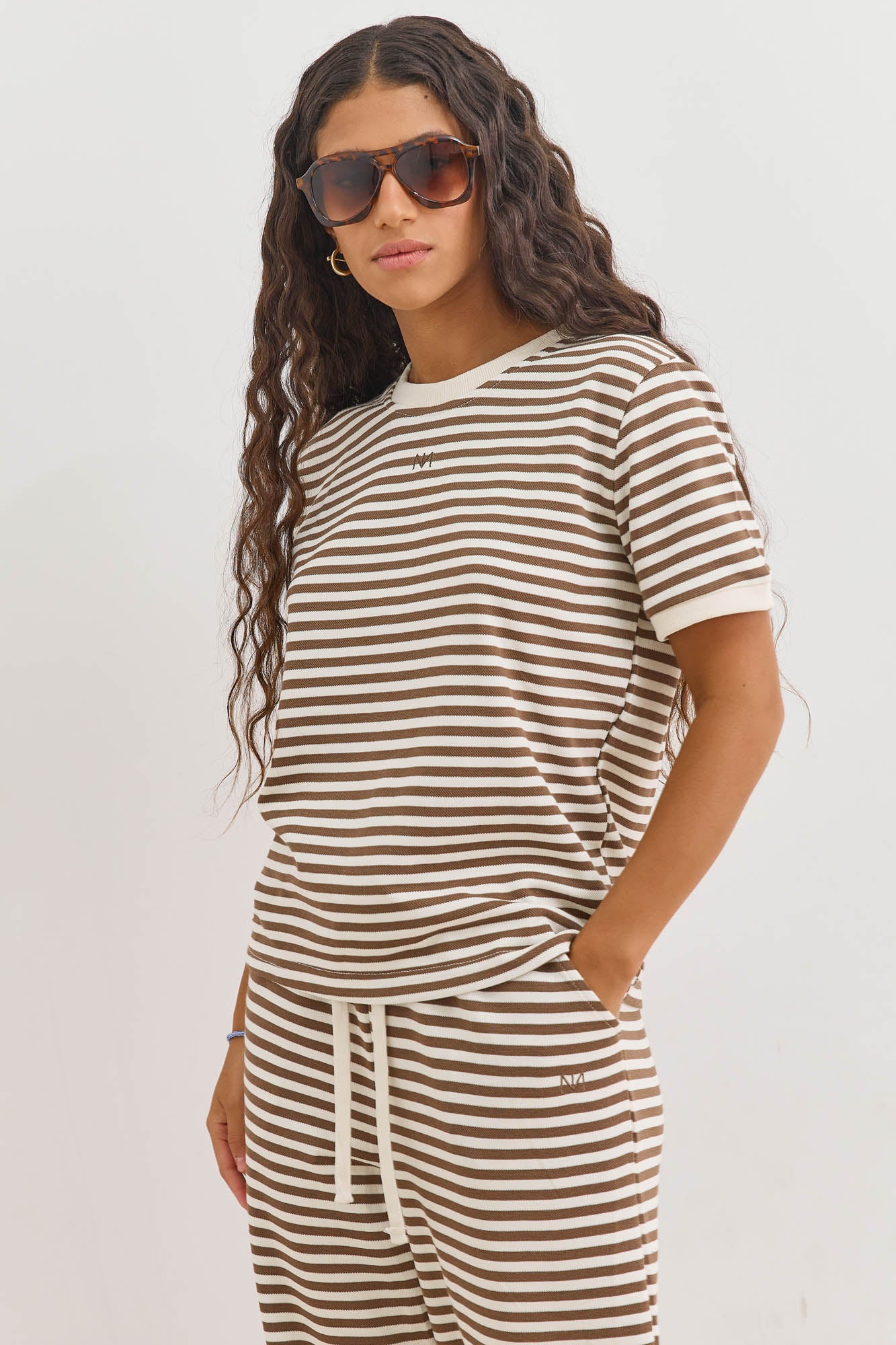 טי שירט אייבי סטרייפס בשילוב לוגו | חום/לבן