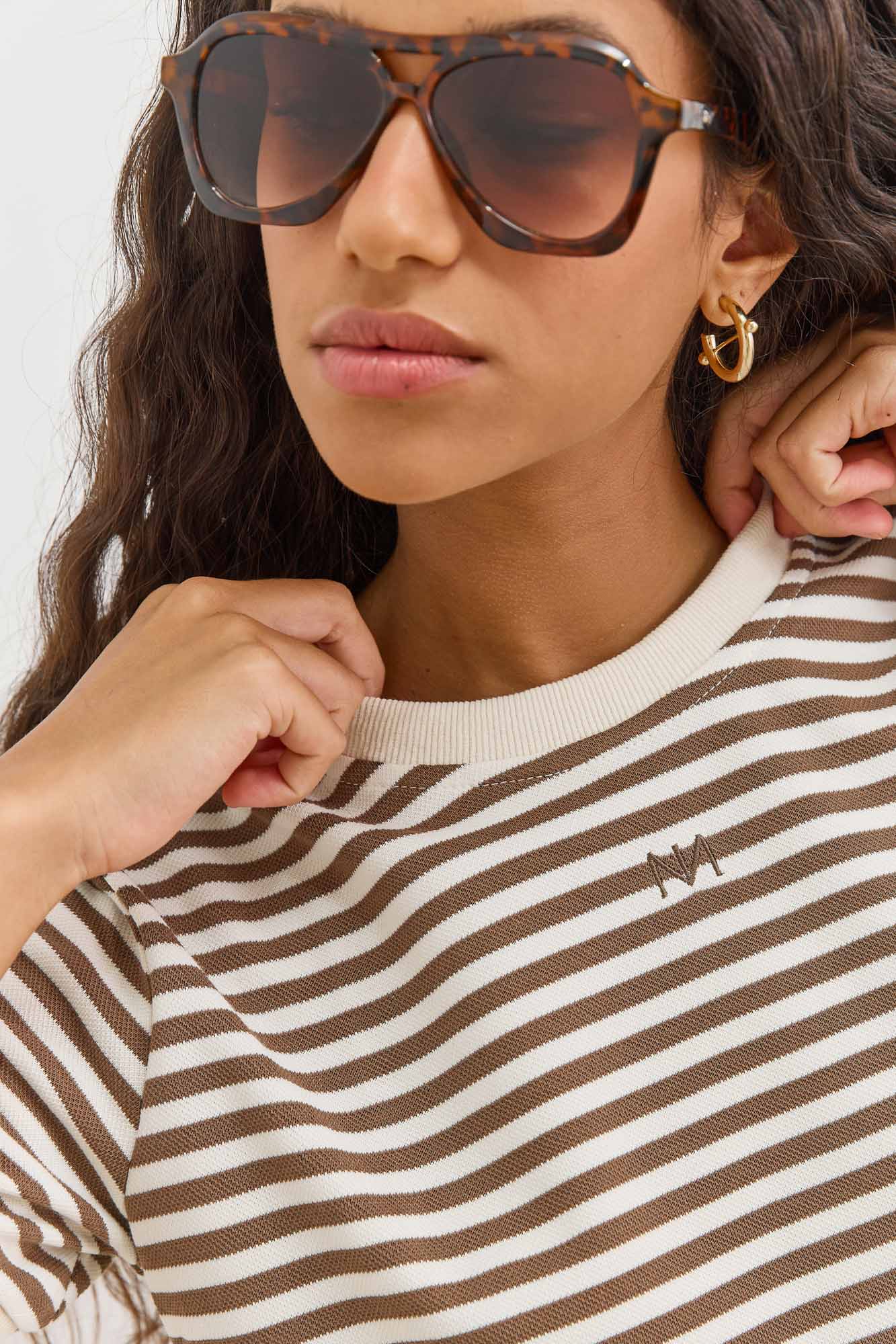 טי שירט אייבי סטרייפס בשילוב לוגו | חום/לבן