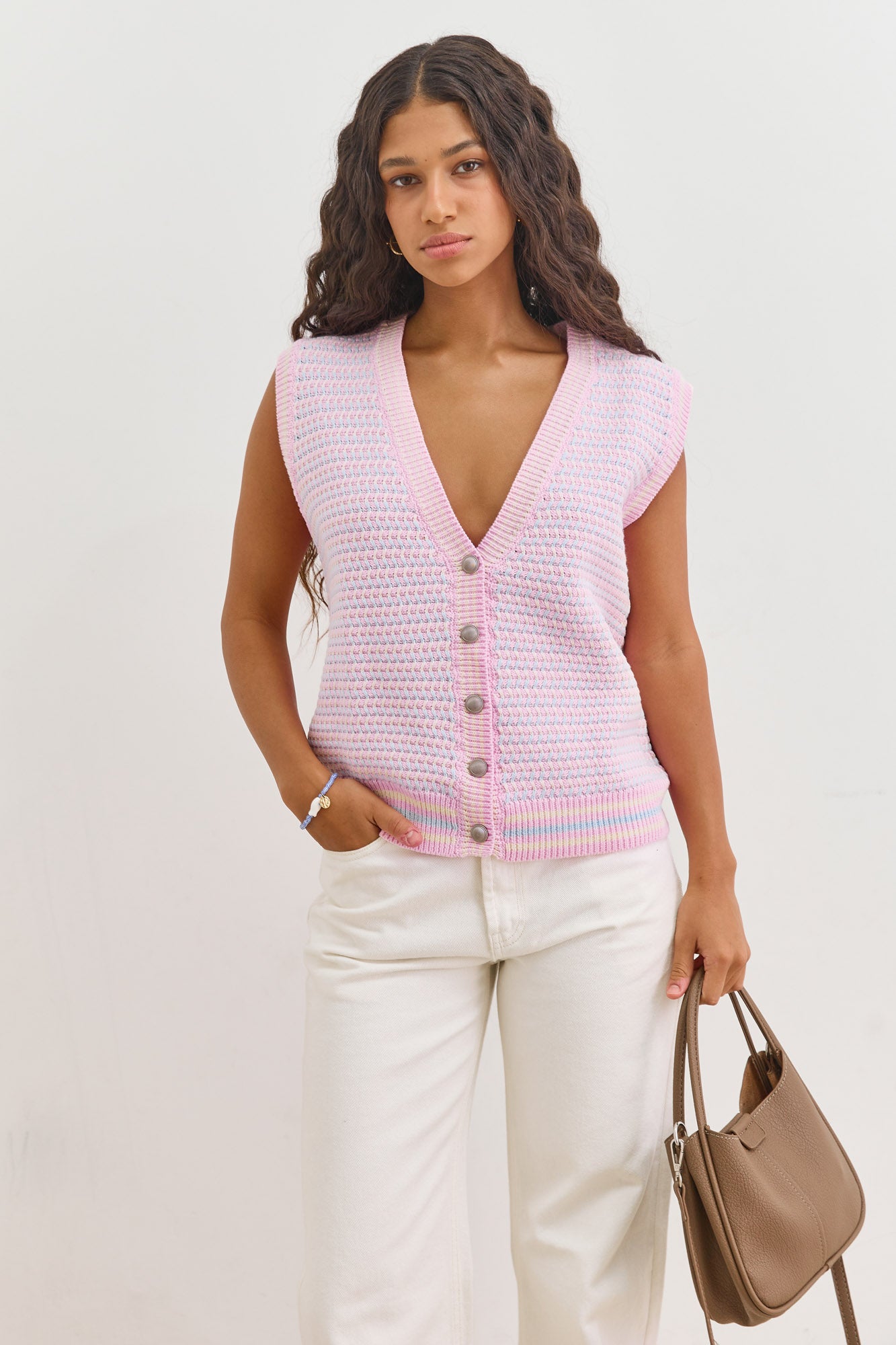 אפודה סרוגה קרולינה בשילוב כפתורים | כחול/ורוד