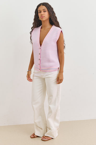 אפודה סרוגה קרולינה בשילוב כפתורים | כחול/ורוד