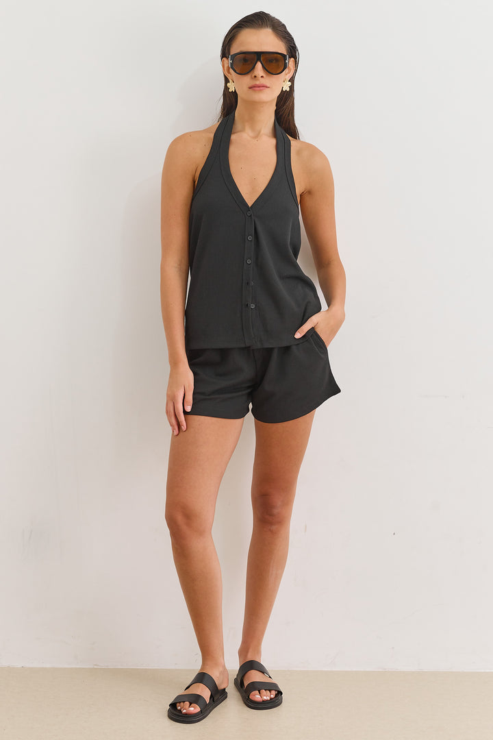 חולצת קולר נעמי בד וופל | שחור