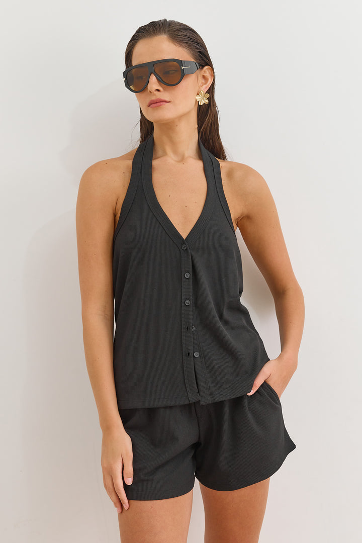 חולצת קולר נעמי בד וופל | שחור