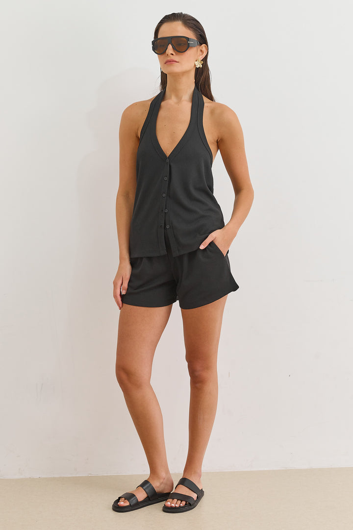 חולצת קולר נעמי בד וופל | שחור