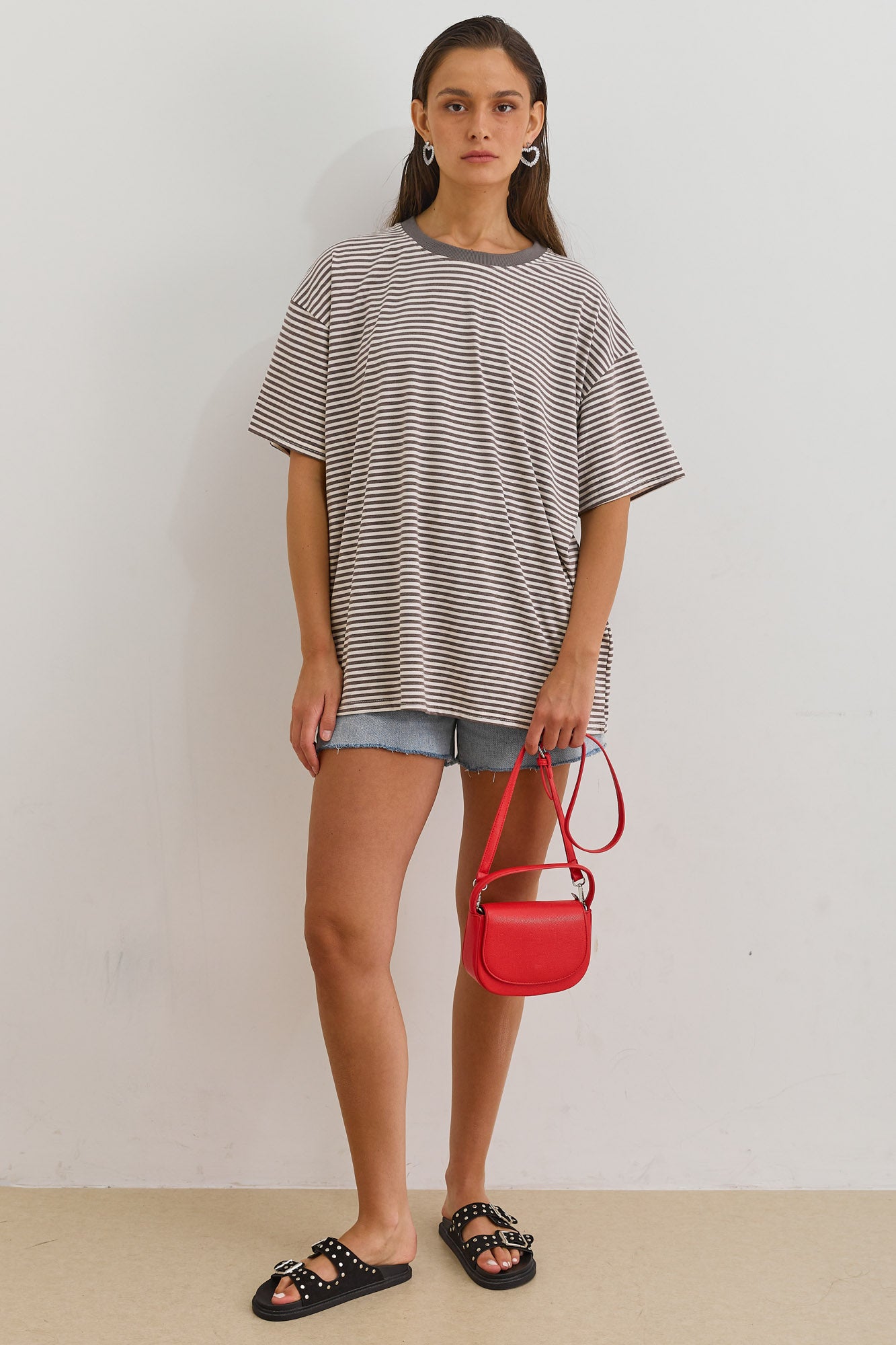 טי שירט אתנה סטרייפס גזרת אוברסייז | אפור/לבן