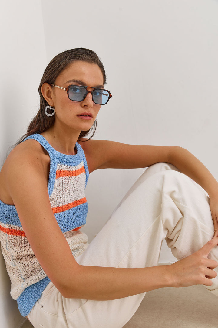 גופיית קולר מינדי סטרייפס | שמנת/כתום