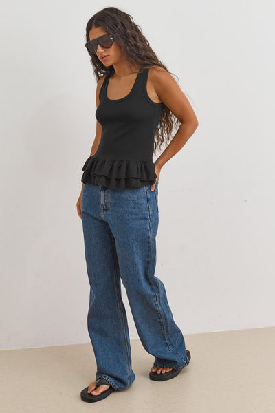 גופיית ריב מיקה סיומת פפלום | שחור