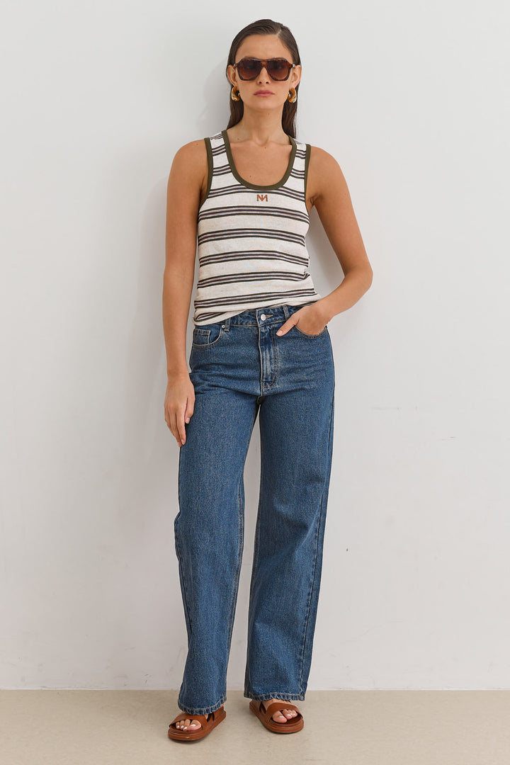 גופיית אלכס סטרייפס פאץ' לוגו | שמנת/ירוק זית