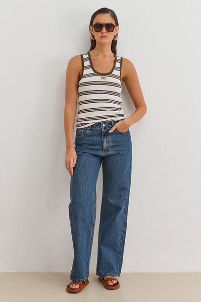 גופיית אלכס סטרייפס פאץ' לוגו | שמנת/ירוק זית