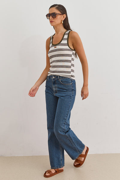 גופיית אלכס סטרייפס פאץ' לוגו | שמנת/ירוק זית