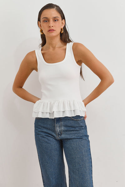 גופיית ריב מיקה סיומת פפלום | לבן