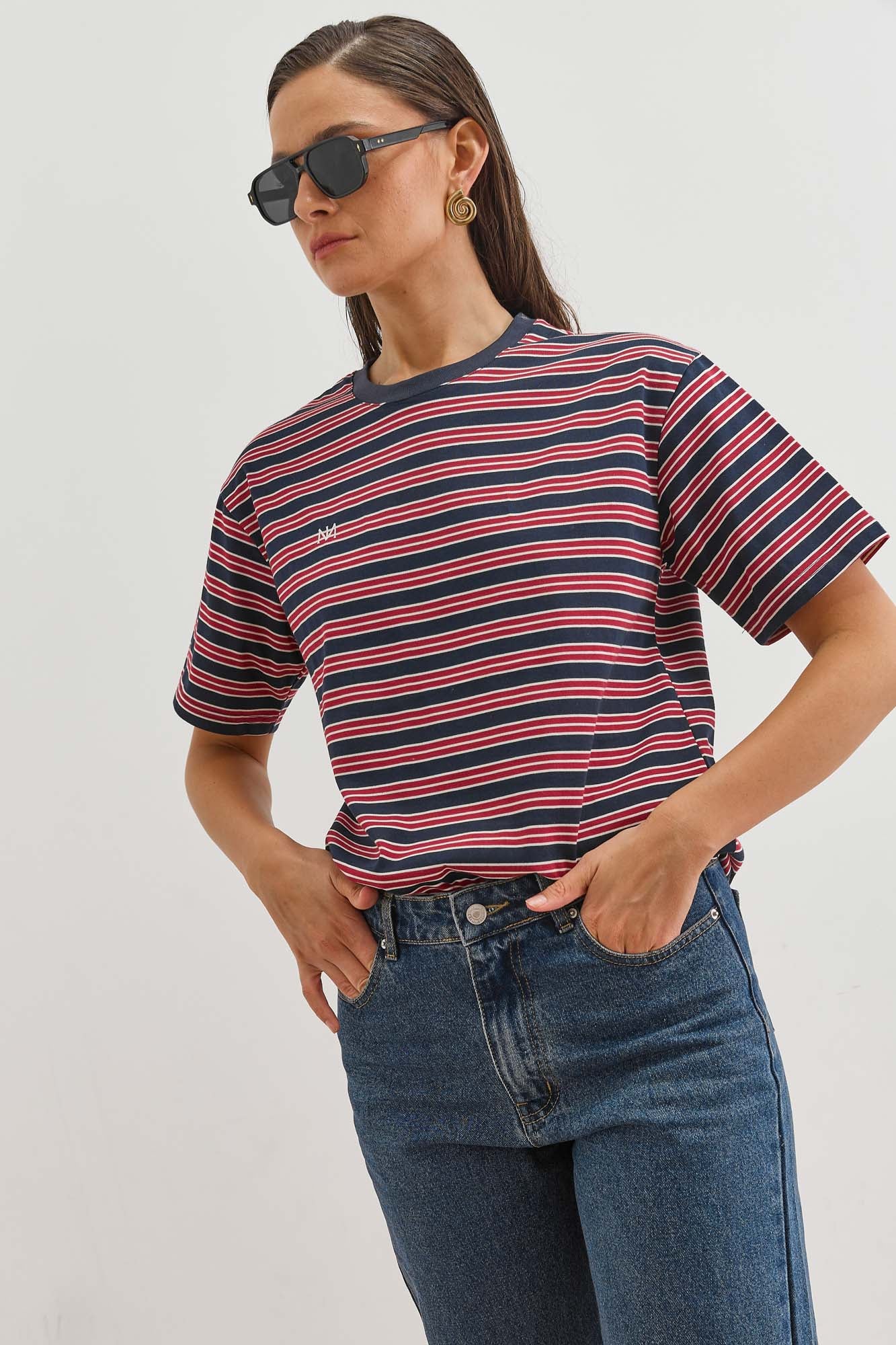טי שירט ז'אן סטרייפס | אדום/נייבי