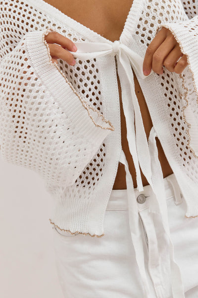 סריג מחורר קמיל בשילוב קשירות | לבן/בז'