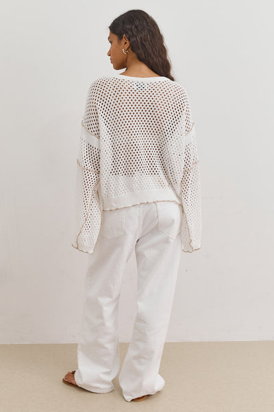 סריג מחורר קמיל בשילוב קשירות | לבן/בז'